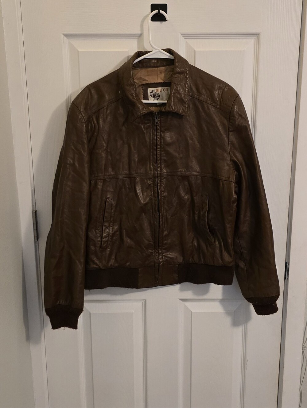 Vintage Silton Brown Genuine Leather Bomber Jacket Men’s 42 Large